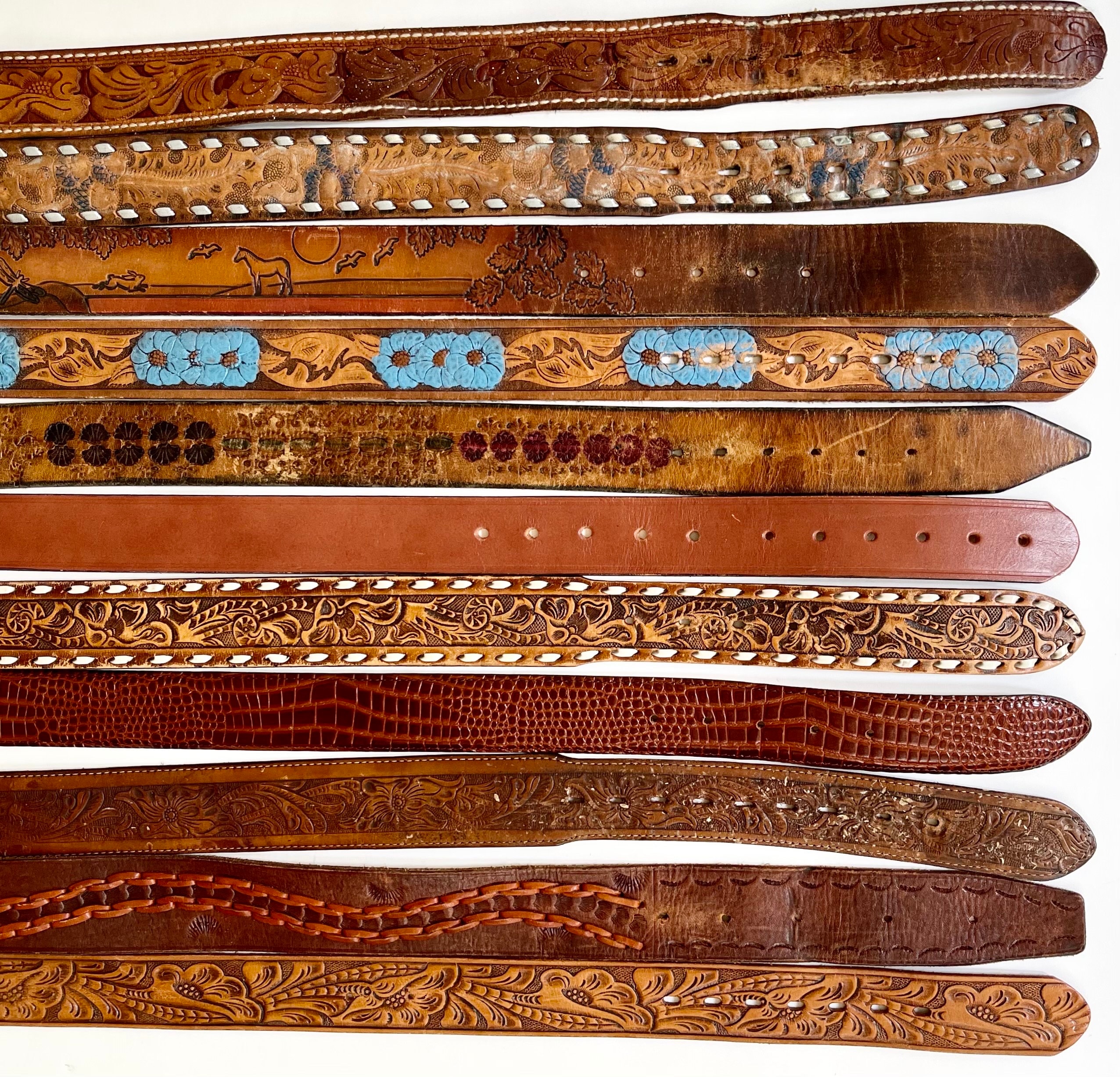 Tooled Leather Belt Strap Vintage Snap On Detachable Brown Black