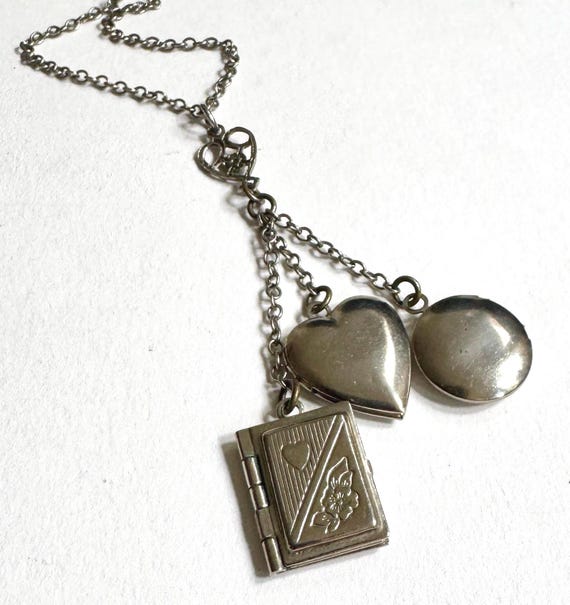 Vintage Locket Choker Necklace Heart Book Circle Hinged Locket Charms Pendants Victorian Style Costume Jewelry Silver Metal Chain