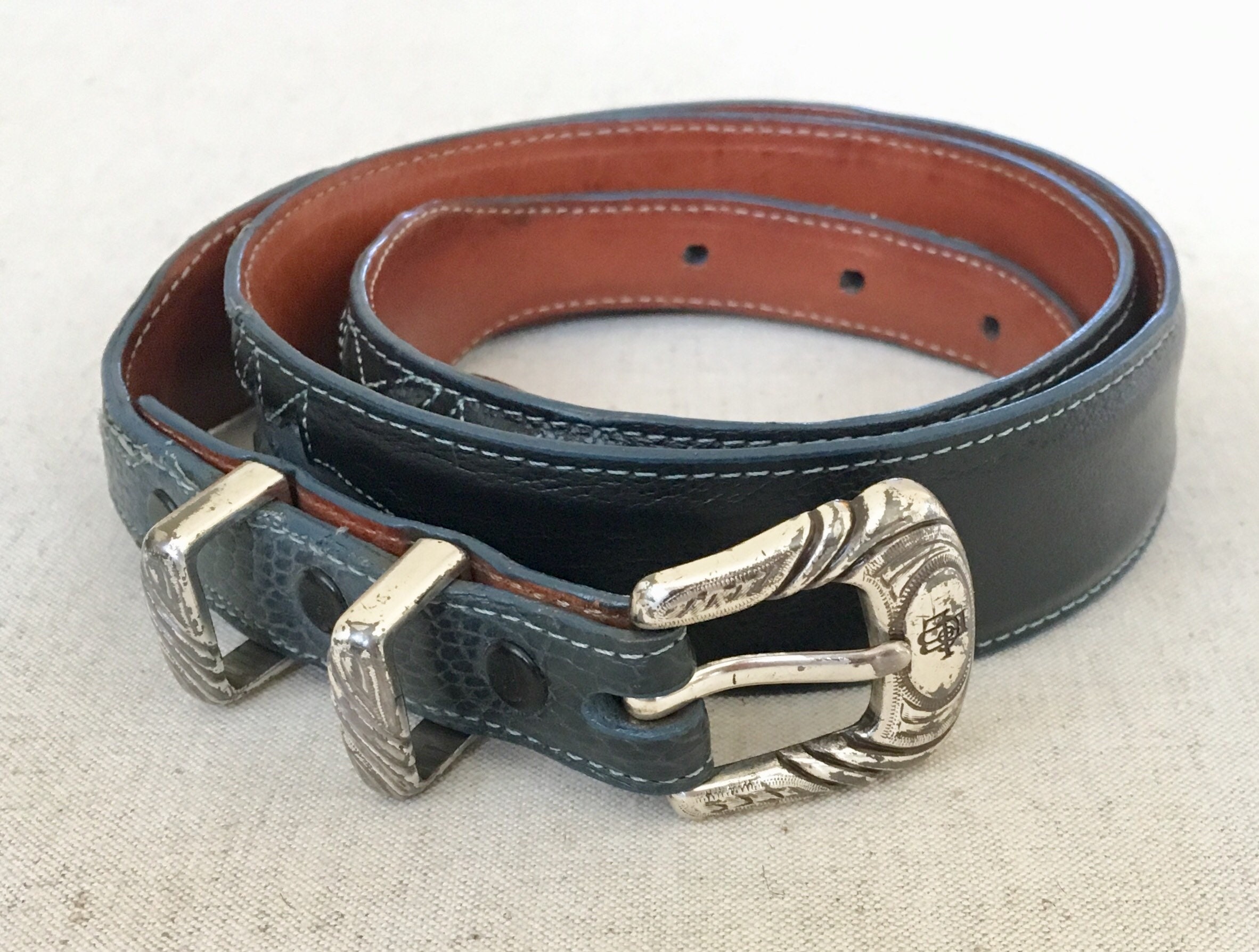 Vintage Lucchese Leather Belt Ostrich Detail Gray Black Belt Strap ...