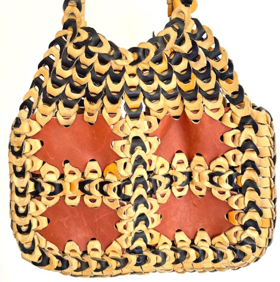 70s Pieced Leather Bag Beige Tan Black Multicolor Leather Link Vintage Top Handle Bag Purse Boho Folk Large Tote Market Bag