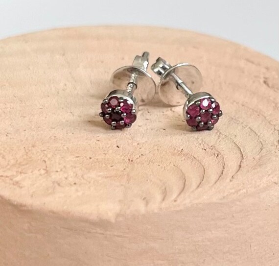 14K White Gold Ruby Earrings Stud Earrings Studs Tiny Dainty Small Delicate Vintage Estate 7 Stone Red Gemstone Solid White Gold July