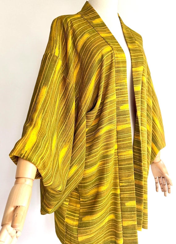 Vintage Japanese Silk Kimono Jacket Mustard Yellow Olive Green
