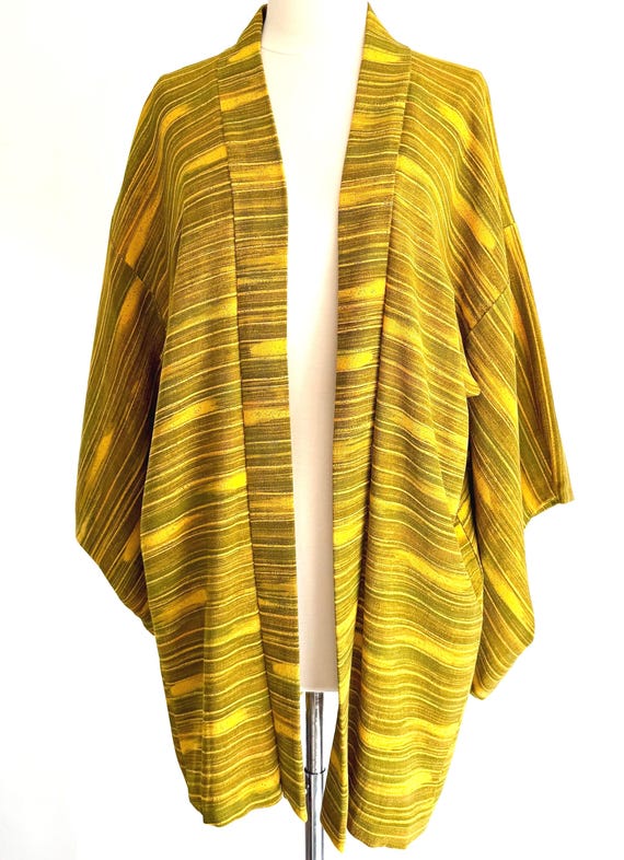 Vintage Japanese Silk Kimono Jacket Mustard Yellow Olive Green