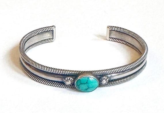 Vintage Turquoise Cuff Bracelet 60s 70s Signed GB Native American Navajo Sterling Silver
