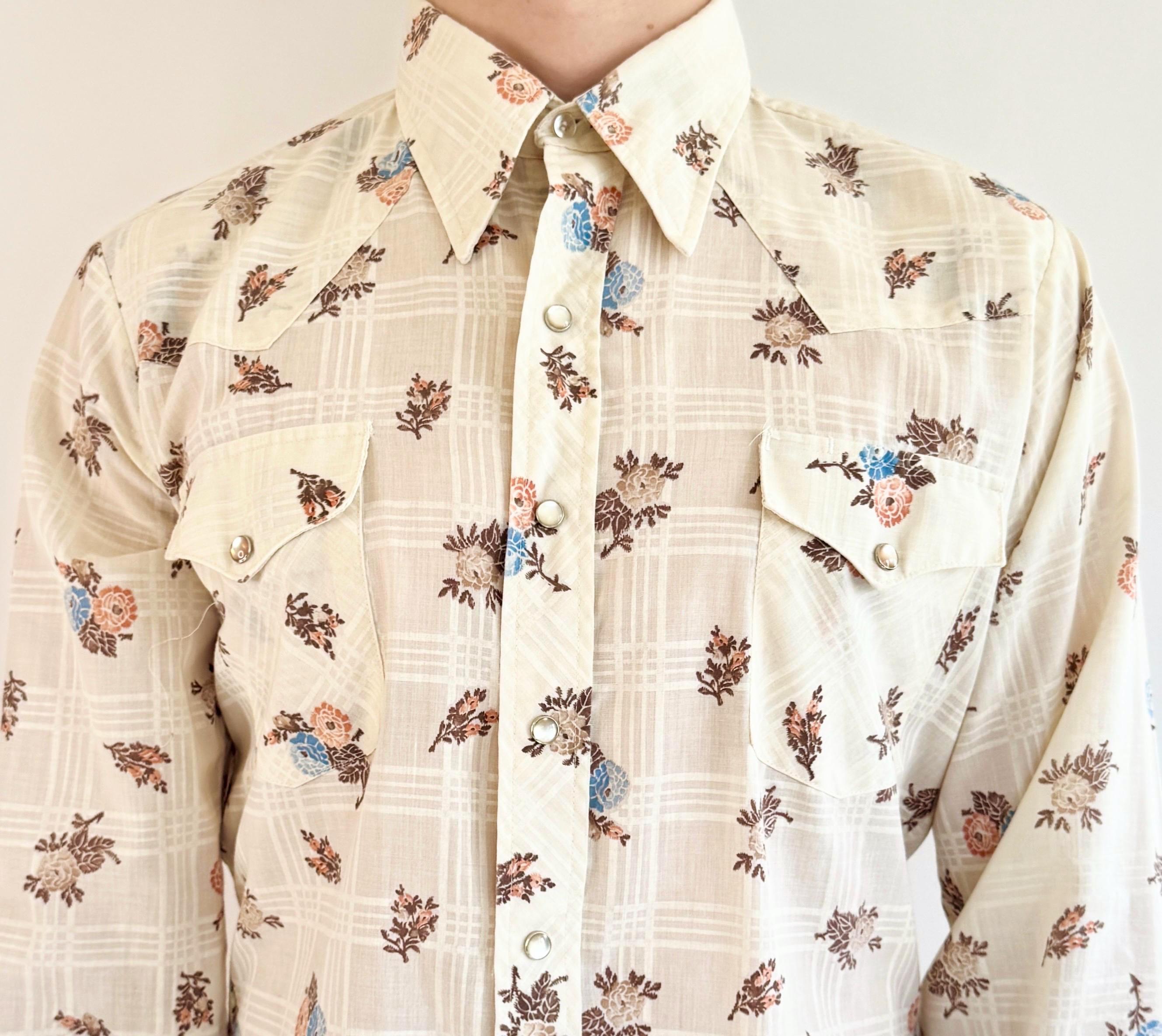 70s Vintage Western Shirt White Floral Sears Western Wear