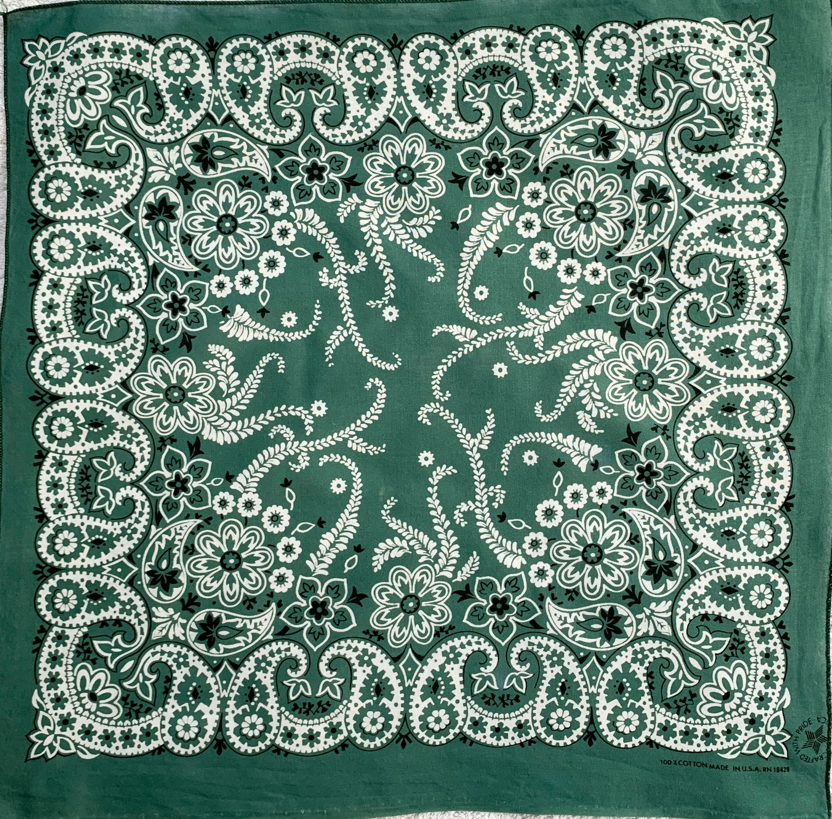 Bandana RN 80s Paisley Scarf Western Print Made Floral Green in Cowboy Vintage 16429 USA