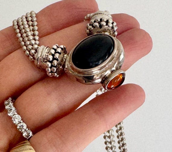Vintage Sterling Silver Necklace Black Stone Amber Gemstone Necklace Vintage Ball Bead Multi Chain Minimalist 90s Jewelry