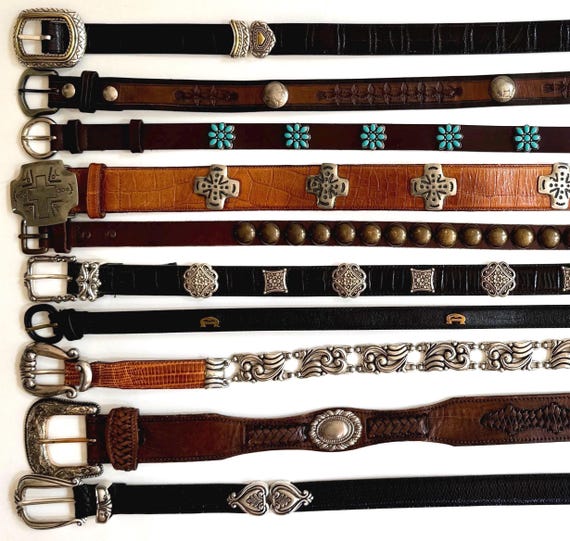 Western Leather Concho Belt Vintage Turquoise Studded Buffalo Nickel Brown Black Croco Reptile Chain Link Southwest Brighton