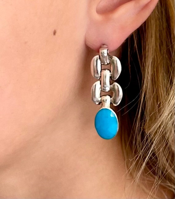 Taxco Turquoise Earrings Chunky Sterling Silver Chain Link Drop Earrings