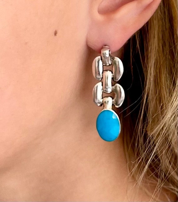 Vintage Turquoise Chain Earrings Taxco Mexican 925 Sterling Silver Chunky Chain Link Drop Dangle Mid Century Southwest Western Jewelry