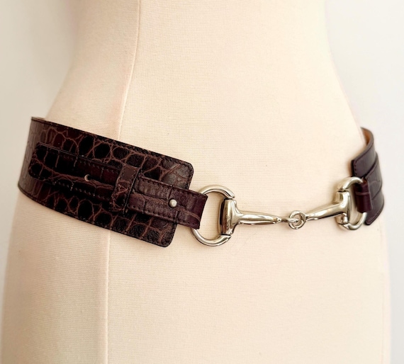Vintage Harold's Horse Bit Belt Wide Croco Embossed Dark Chocolate Brown Leather Strap Equestrian Western