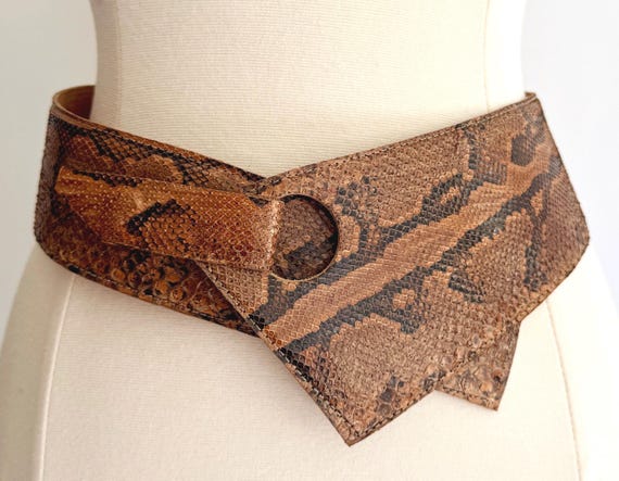 Vintage Snakeskin Waist Belt Handmade Brown Natural Snakeskin on Leather Wide Minimalist Belt