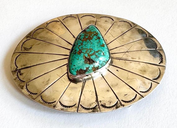 Sterling Silver Turquoise Buckle Vintage Signed Native American Navajo Handcrafted Oval Shaped Southwest Western Belt Buckle
