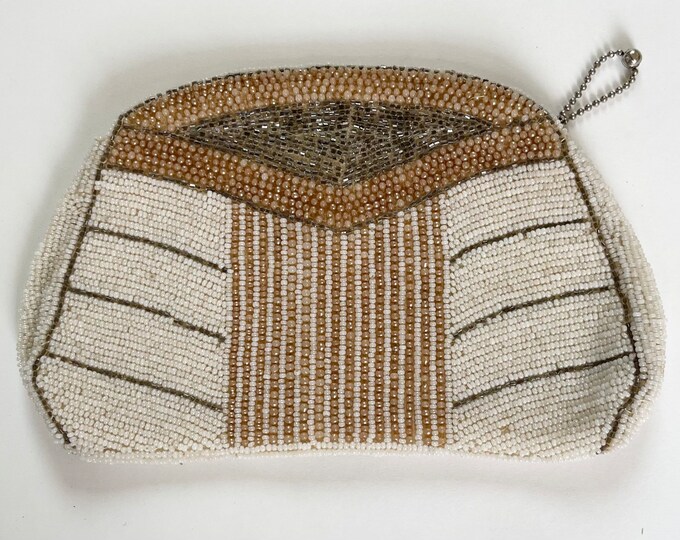 Antique Beaded Clutch Purse Belt Bag Handmade in Belgium Pearl Silver Gold Tone Beads Art Deco Flapper Wedding Bridal Bag