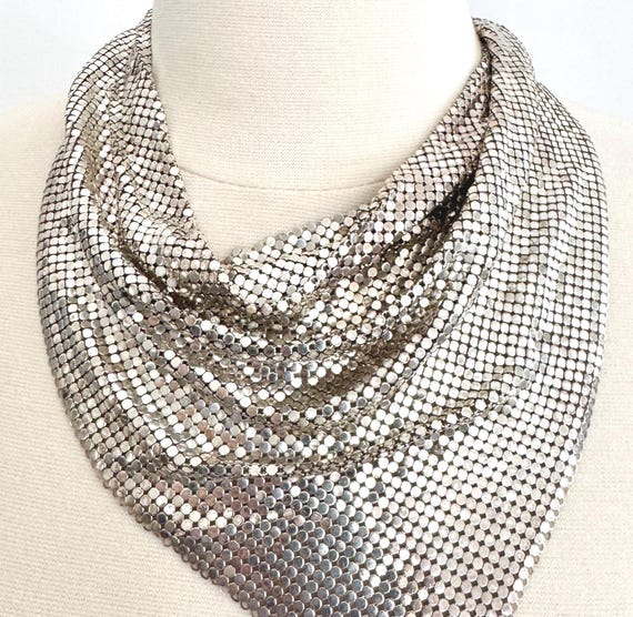 Vintage Whiting & Davis Silver Metal Mesh Necklace Scarf Bib Bandana