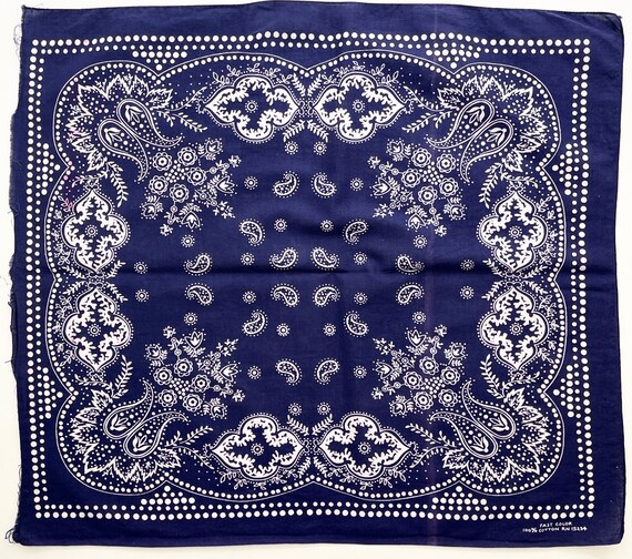 40s 50s Indigo Bandana Vintage Fast Color All Cotton Unique Navy Blue White Dot Dots Floral Print