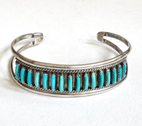 Signed Needlepoint Turquoise Bracelet Cuff D&V DEWA Native American Zuni Handmade Old Pawn Split Shank Sterling Silver Band
