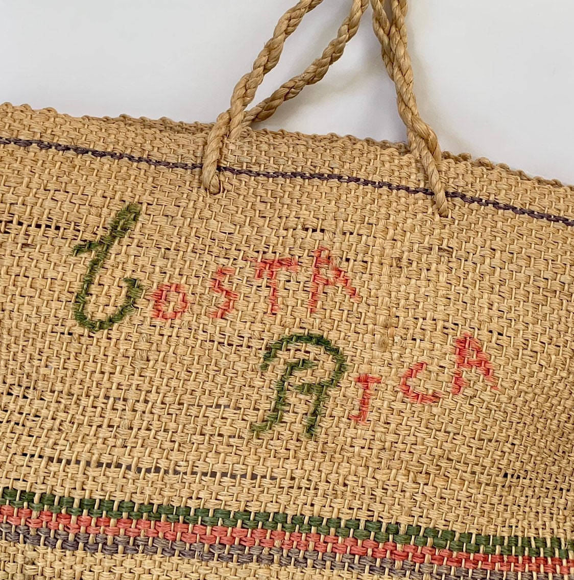 Costa Rica Jute Tote Bag Top Handle Retro Vintage Vacation Souvenir