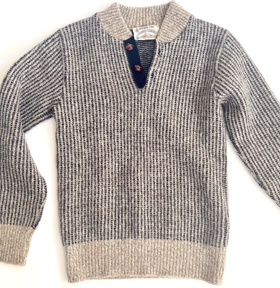 Vintage London Fog Wool Henley Sweater 70s 80s Oatmeal Beige Navy Blue Stripe Made in USA