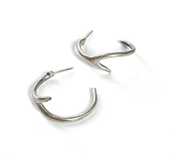 Sterling Silver Antler Hoop Earrings Vintage 925 Silver Western Sculptural Minimalist Stag Deer Antler Hoops