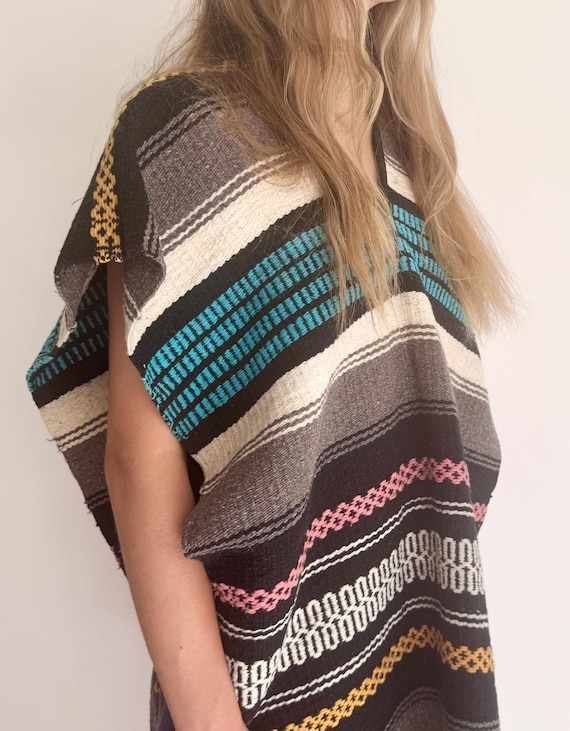 Mexican Handwoven Poncho Cover Up Topper Top Vintage 70s Hippie Folk Festival Tribal Striped Black White Turquoise California Baja Beach