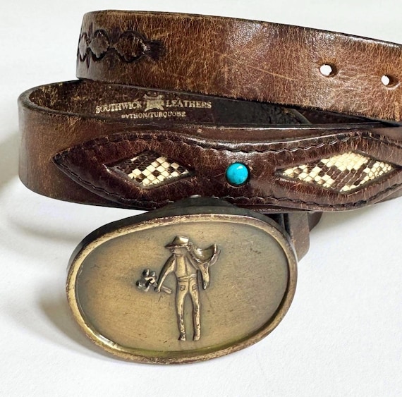 Vintage Levi's Brass Buckle on Southwick Leathers Handmade Python Turquoise Leather Belt Strap Levi Strauss Cowboy Branding Iron 32