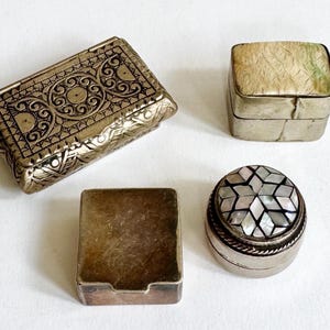 Vintage Pill Box Tiny Stash Snuff Box from Paris France Flea Market Bronze Silver Sterling Silver Bone Inlay Hinged Lid Floral Embossed
