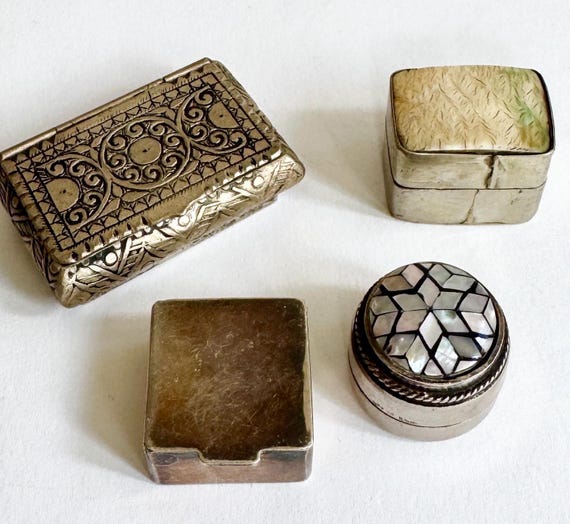 Vintage Pill Box Tiny Stash Snuff Box from Paris France Flea Market Bronze Silver Sterling Silver Bone Inlay Hinged Lid Floral Embossed