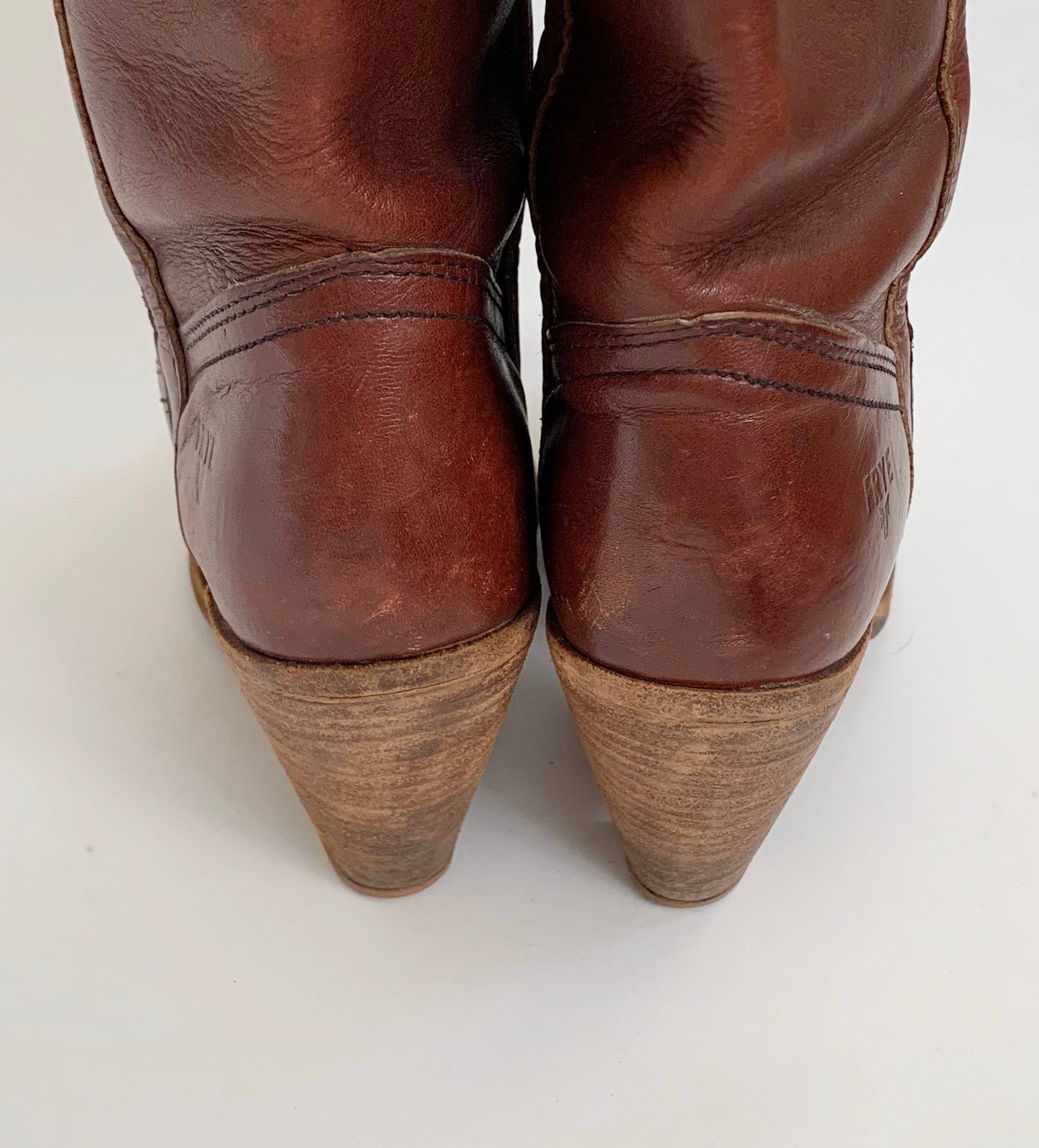 70s Burgundy Frye Boots with Stacked Heel Cowboy Cowgirl Boot Mid Calf ...