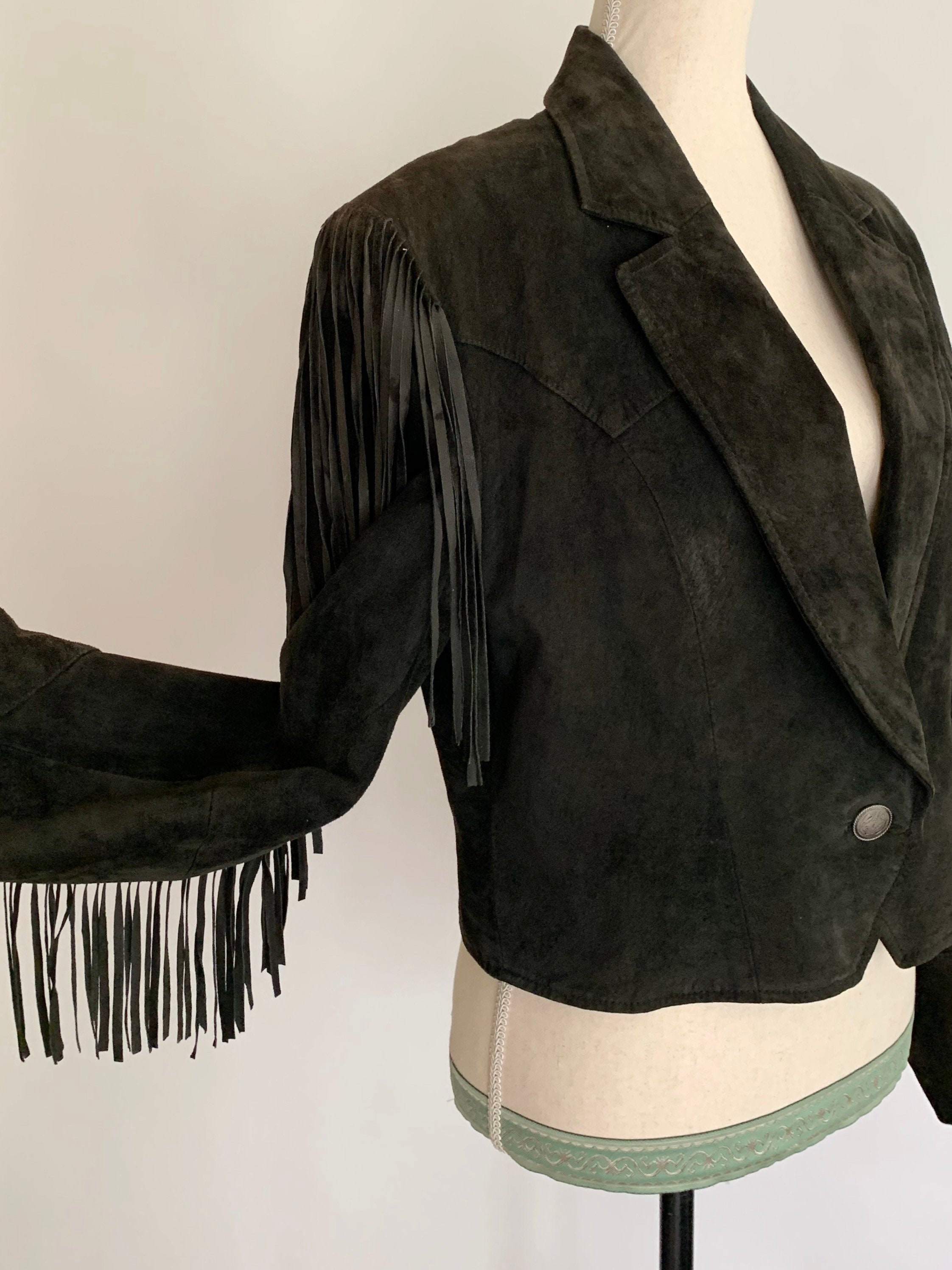 Black Suede Jacket Fringe Details Along Arms Vintage 80s Pioneer Wear ...
