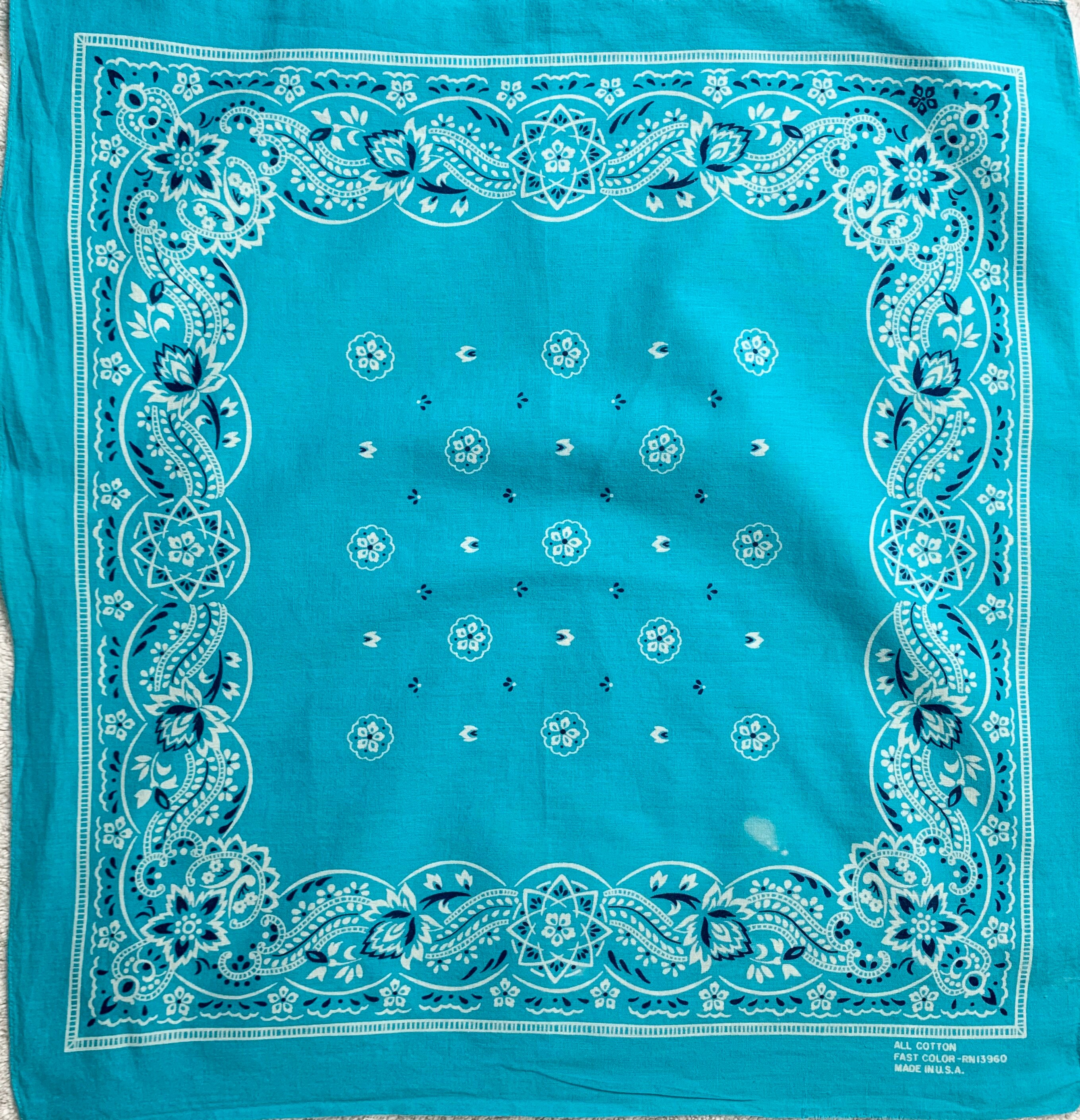 Faded Turquoise Bandana Vintage 60s 70s Fast Color Made in USA All