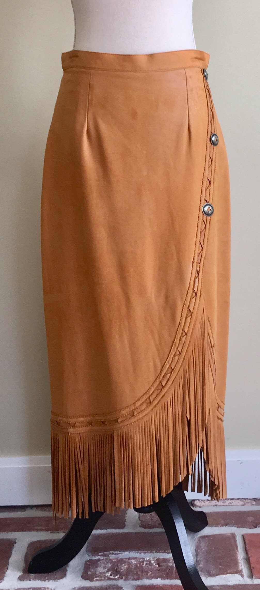 Leather Fringe Maxi Skirt Camel Brown Vintage 80's Hippie Boho Bohemian