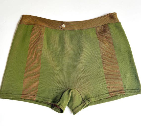 Vintage Mens Swim Trunks Swimsuit Mod Retro Vintage 40s 50s Dark Green Rust Orange Striped Swim Shorts Union Made in USA
