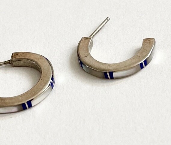 Zuni Hoop Earrings Sterling Silver Mother of Pearl Lapis Lazuli Flush Inlay Vintage Native American Handcrafted Small Half Hoops Semi Circle
