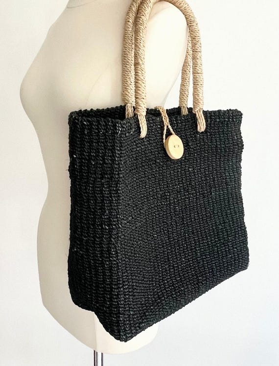 Dark Indigo Black Sisal Bag Tote Vintage 90s Market Bag Beige Top Handle Straps Wood Button Closure