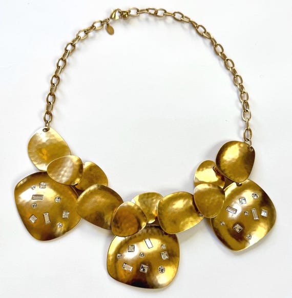 Kenneth Jay Lane Necklace Brushed Matte Gold Tone Bib Necklace Clear Crystals Modernist Statement Necklace