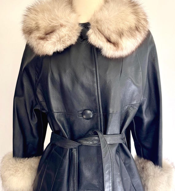 60s Fox Fur Leather Coat Vintage Natural Fur Collar Cuff Trim Belted Black Leather Jacket XXS XS