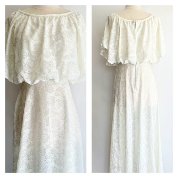 70s White Maxi Dress Semi Sheer Rose Floral Prairie Folk Boho Spring Summer Dress Flutter Top