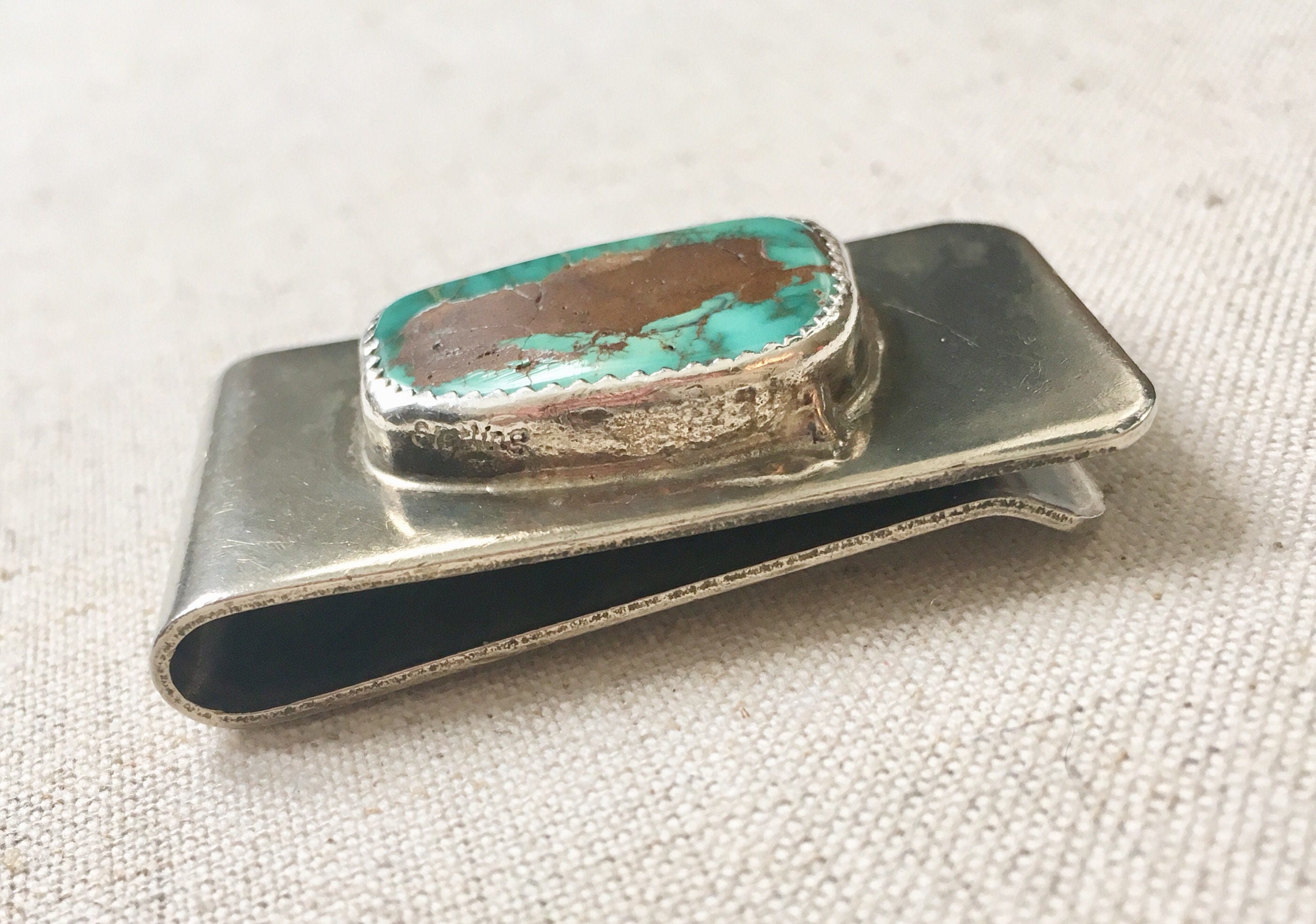 Sterling Silver Money Clip Vintage Turquoise Stone Native