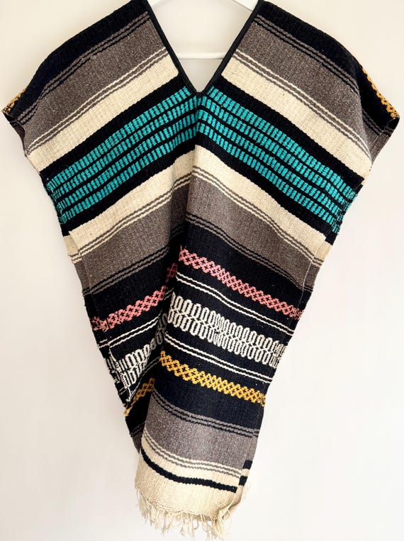 Mexican Handwoven Poncho Cover Up Topper Top Vintage 70s Hippie Folk Festival Tribal Striped Black White Turquoise California Baja Beach