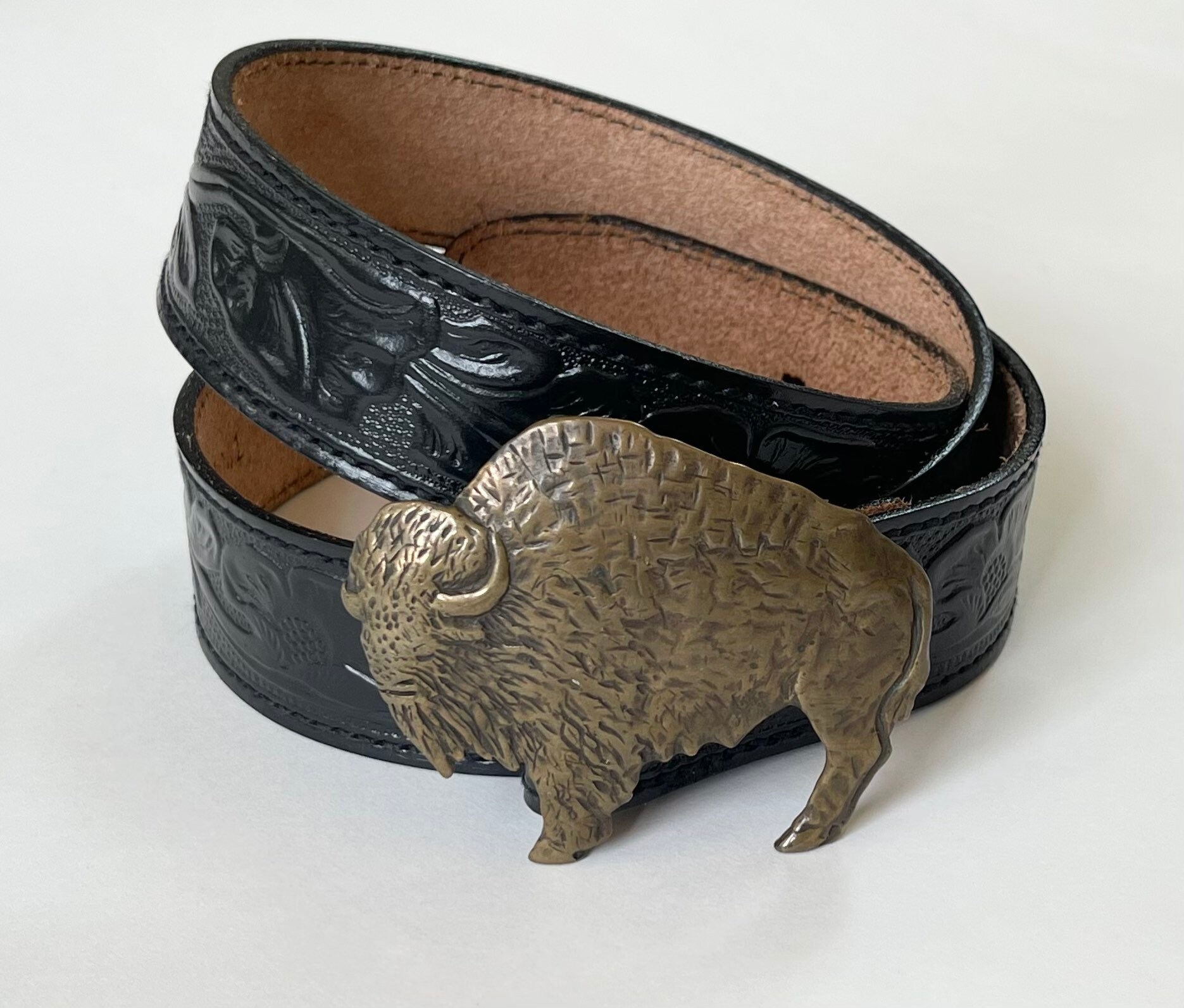 Solid Brass Buffalo Buckle Belt Vintage Western Ranch Bison Floral