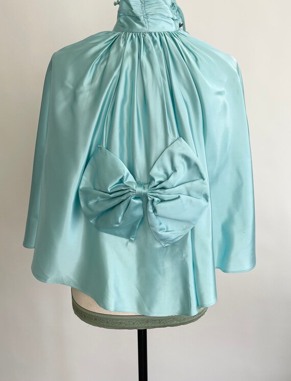 Aqua Satin Bed Jacket Vintage 30s 40s Lingerie Sleepwear High Tie Neck Bow Detail at Back XXS XS
