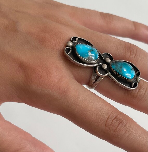Old Pawn Turquoise Ring Bright Blue Double Two Stones Multi Stone