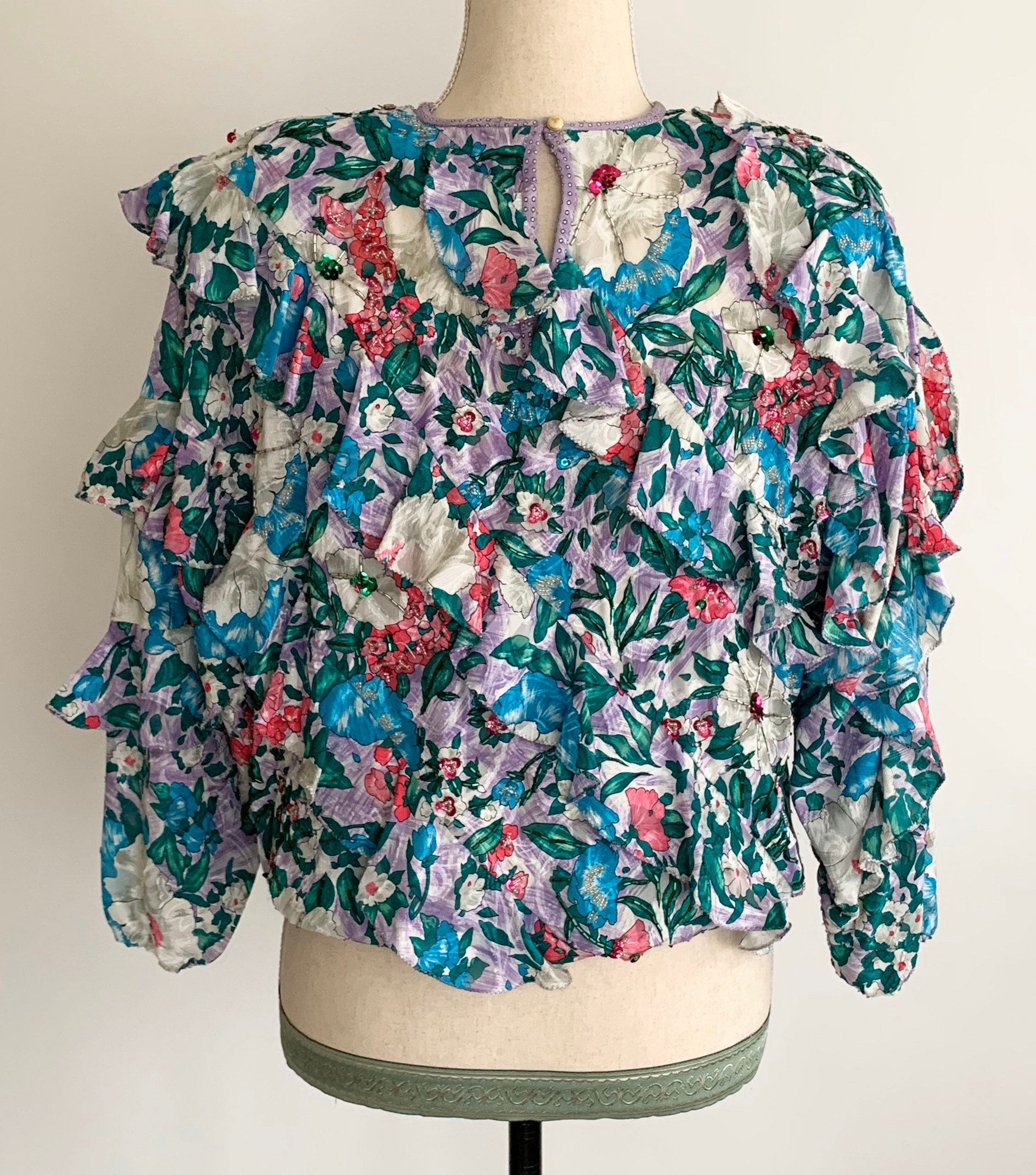 Diane Freis Ruffle Blouse Top Vintage Designer Floral Print Georgette ...