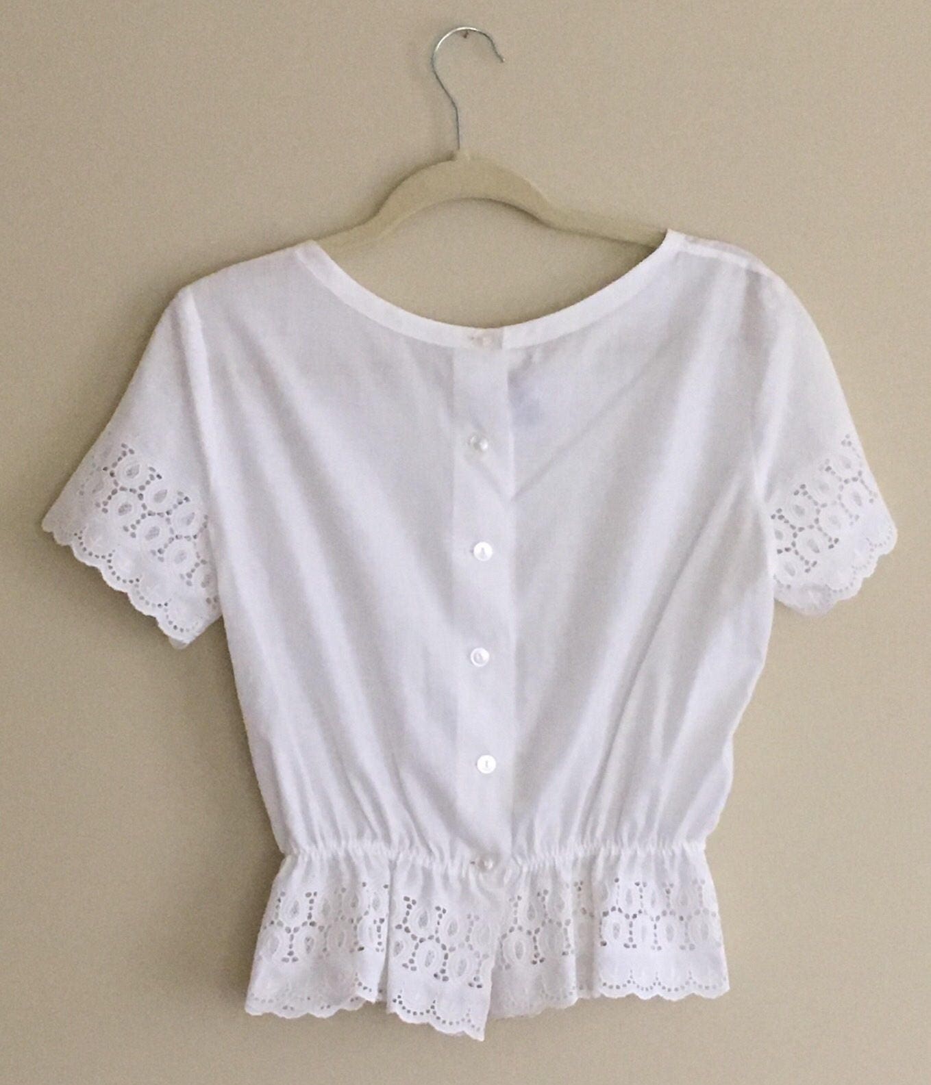 White Eyelet Shirt Top Blouse Vintage 70s with Short Sleeve Back ...