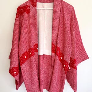 Vintage Red Silk Kimono: Textured Japanese Robe Jacket