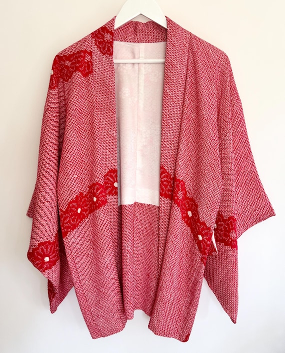 Vintage Red Silk Kimono Luxurious Textured Red White Printed Silk Asian Jacket Robe
