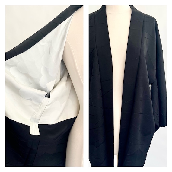 Luxurious Japanese Silk Kimono Jacket Handmade Vintage Black Silk Ivory White Lining Asian Floral Jacket Wearable Short Length Open Front