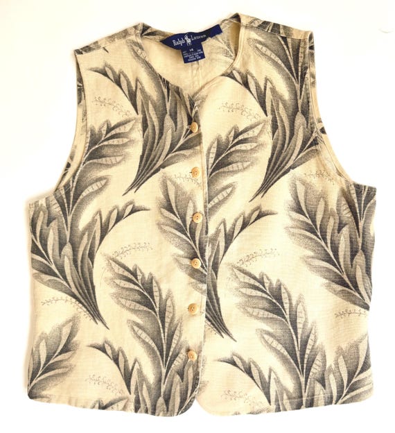 80s Ralph Lauren Vest Top Tropical Floral Print Linen Made in Hong Kong Womens Spring Summer