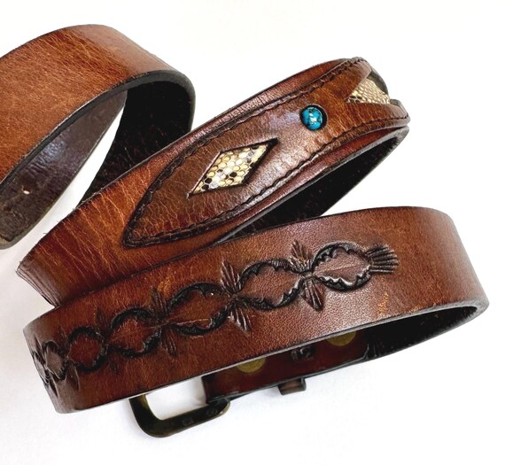 Python Turquoise Leather Belt Vintage Handmade Western Southwest Dark Brown Leather Belt Southwick Leathers Snakeskin Brass Buckle
